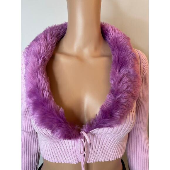 Urban Outfitters Ribbed Cropped Cardigan Faux Fur Tie Front Sweater size M NWT - Picture 7 of 11